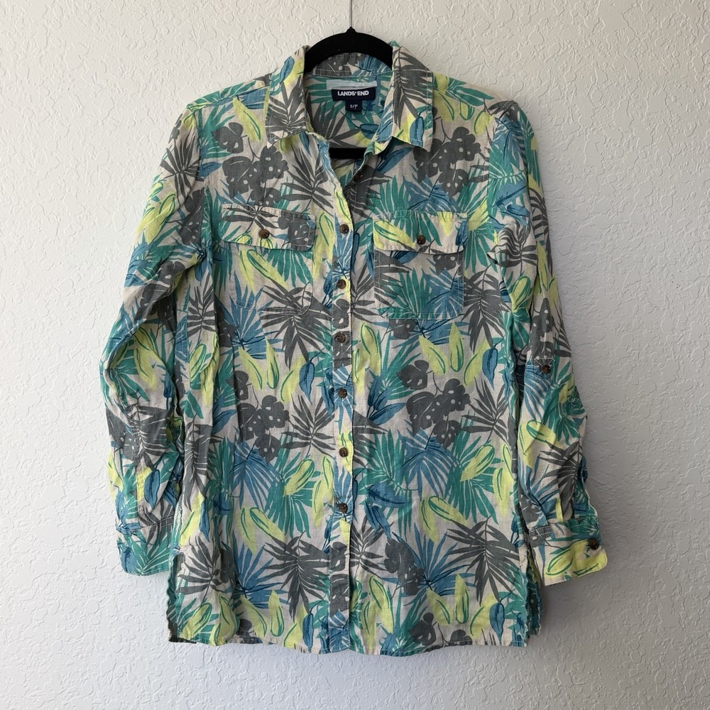 Lands End Womens Shirt Button Down Small Tropical Floral 100% Linen Roll Tab